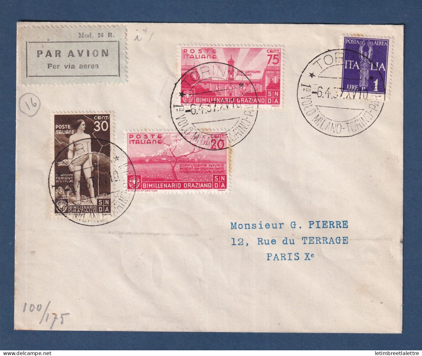 Italie - Premier vol Milan Turin Paris - 1937 - recommandé