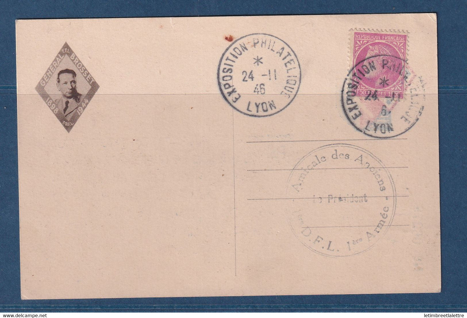 ⭐ France - exposition philatélique de Lyon sur carte de France Libre - 1946 ⭐