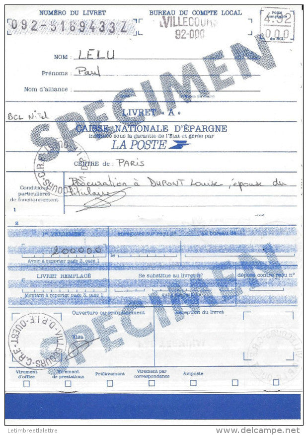1 carnet livret A complet avec opération de l'éléve centre de Villecours do 30/3/1992 avec chèque la Poste et CB RARE