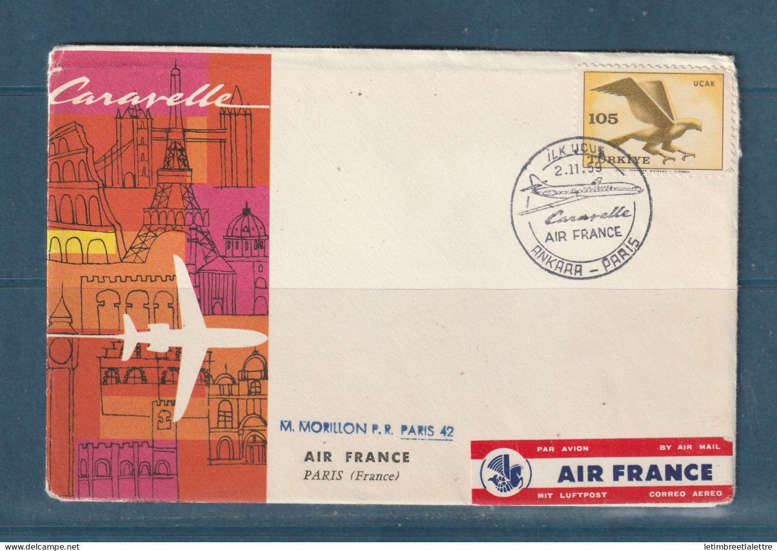 Turquie - Poste Aérienne - Ankara Paris par caravelle Air France le 2 Novembre 1959