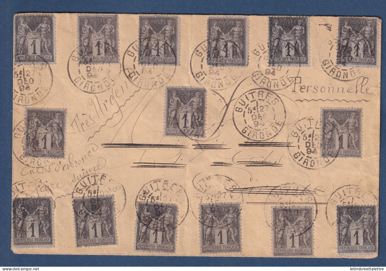 France - type sage - YT n° 83 Oblitéré sur Lettre - Affranchissement spectaculaire - Guitres ( Gironde ) 1894