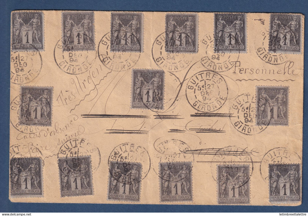 France - type sage - YT n° 83 Oblitéré sur Lettre - Affranchissement spectaculaire - Guitres ( Gironde ) 1894