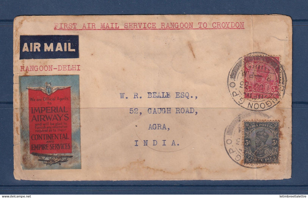 Birmanie Burma - Premier Vol Rangoon To Croydon  - pour Agra ( inde ) - avec vignette imperial AirWays Fly - 1933