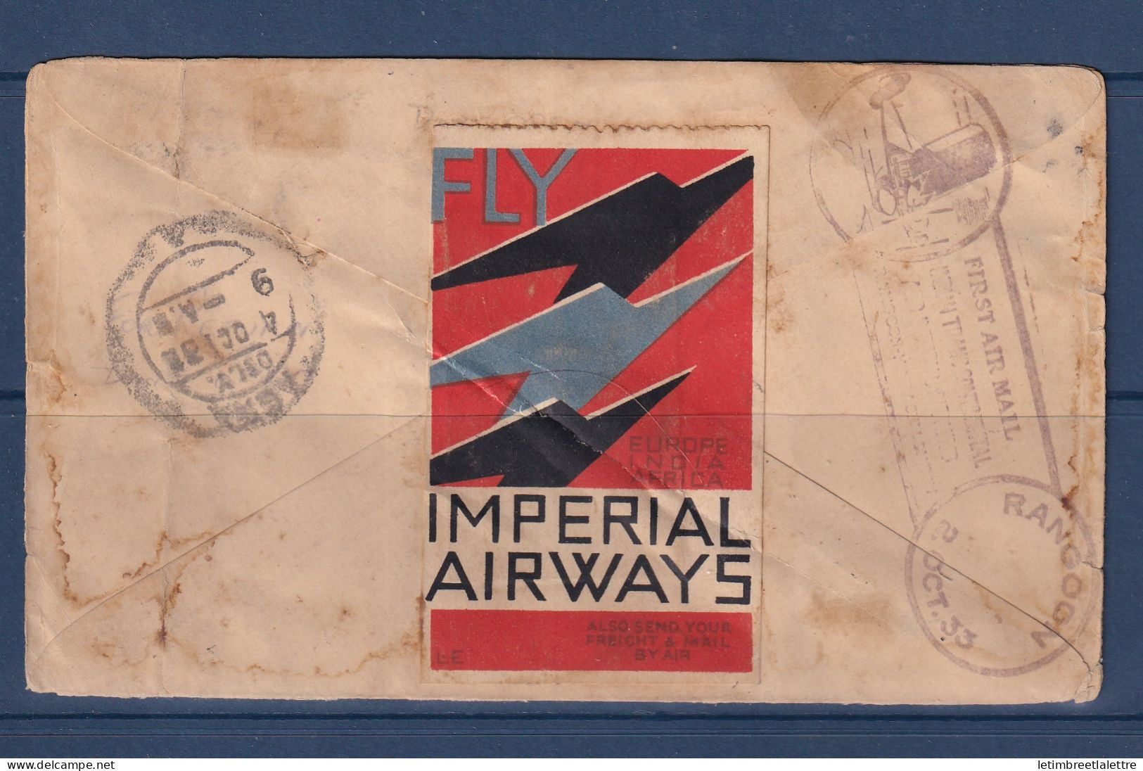 Birmanie Burma - Premier Vol Rangoon To Croydon  - pour Agra ( inde ) - avec vignette imperial AirWays Fly - 1933