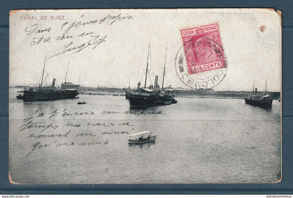 Egypte - Carte postale - Canal de Suez - carte en mer le 4 Décembre 1906 - Colombo