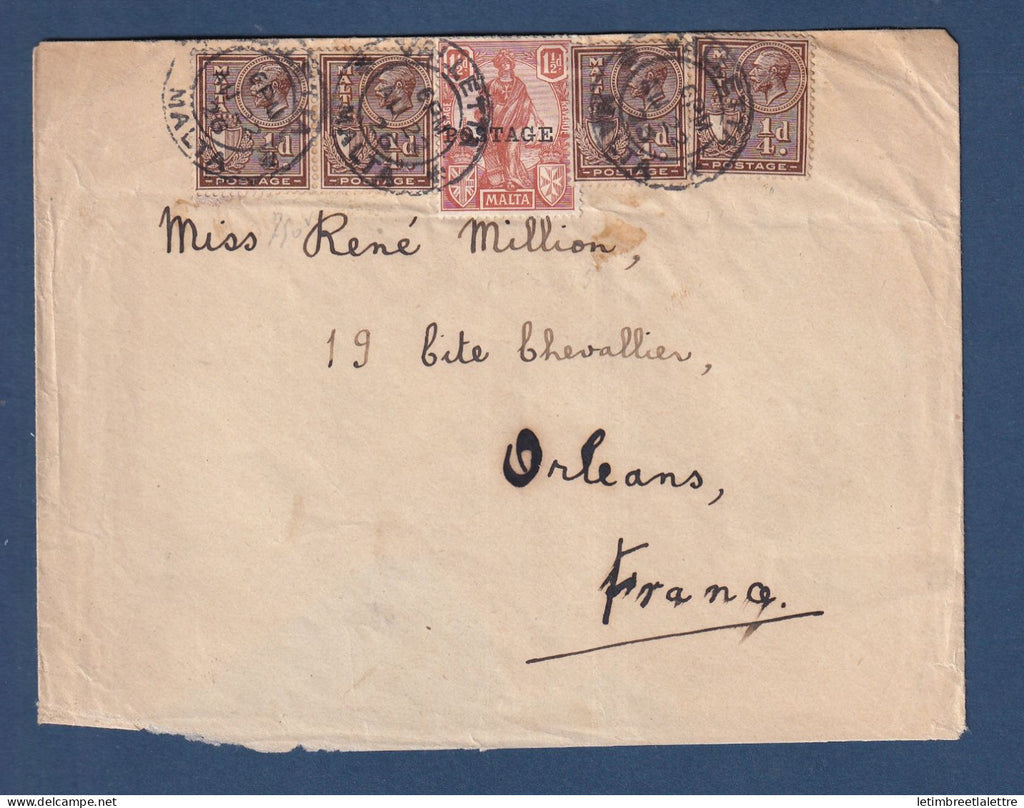 Malte - enveloppe de Valletta ( La Valette ) pour Orléans ( France ) - 1926
