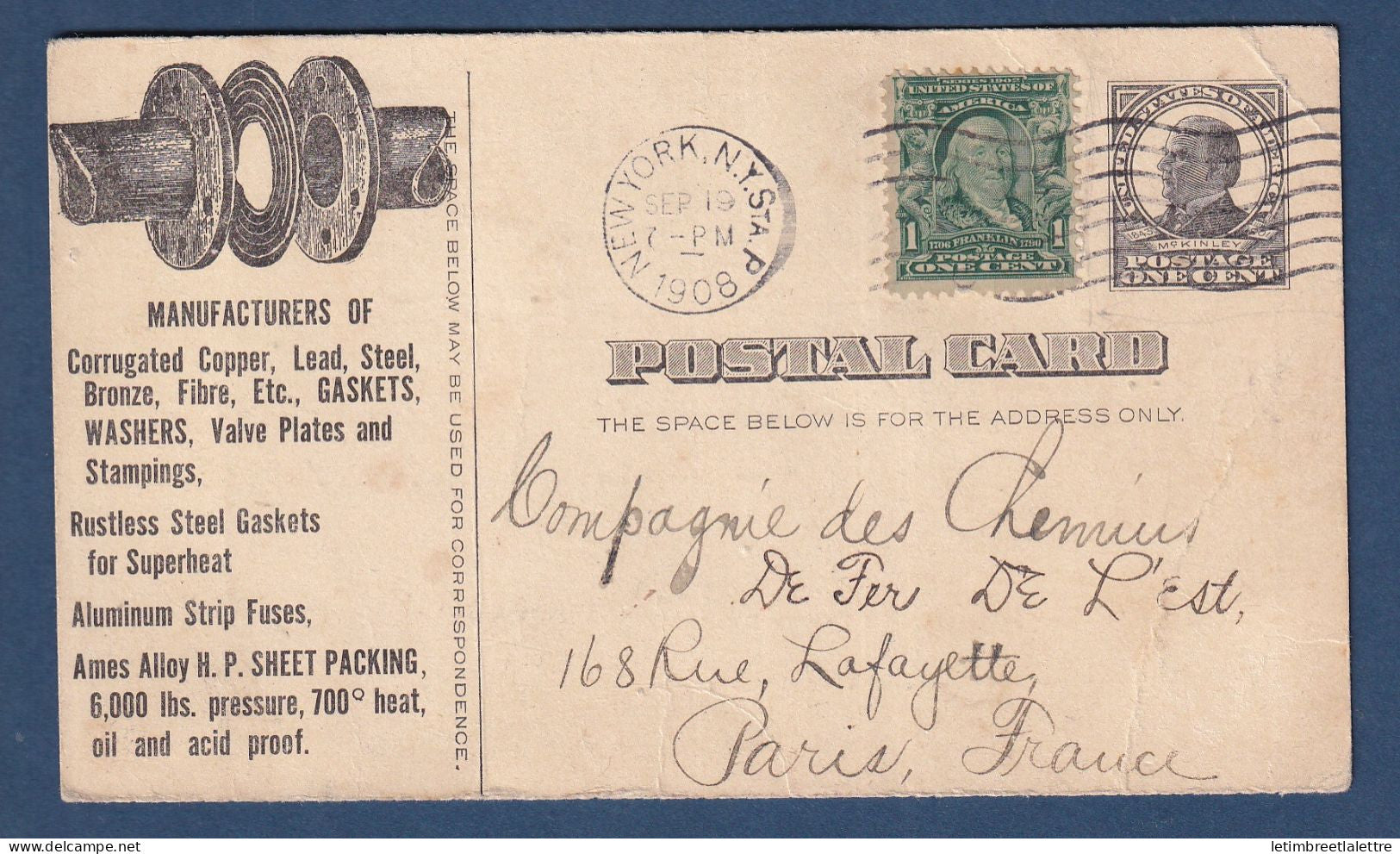 USA - Etats Unis - Entier postal - carte postale publicitaire Gasket - New York pour Paris - 1908