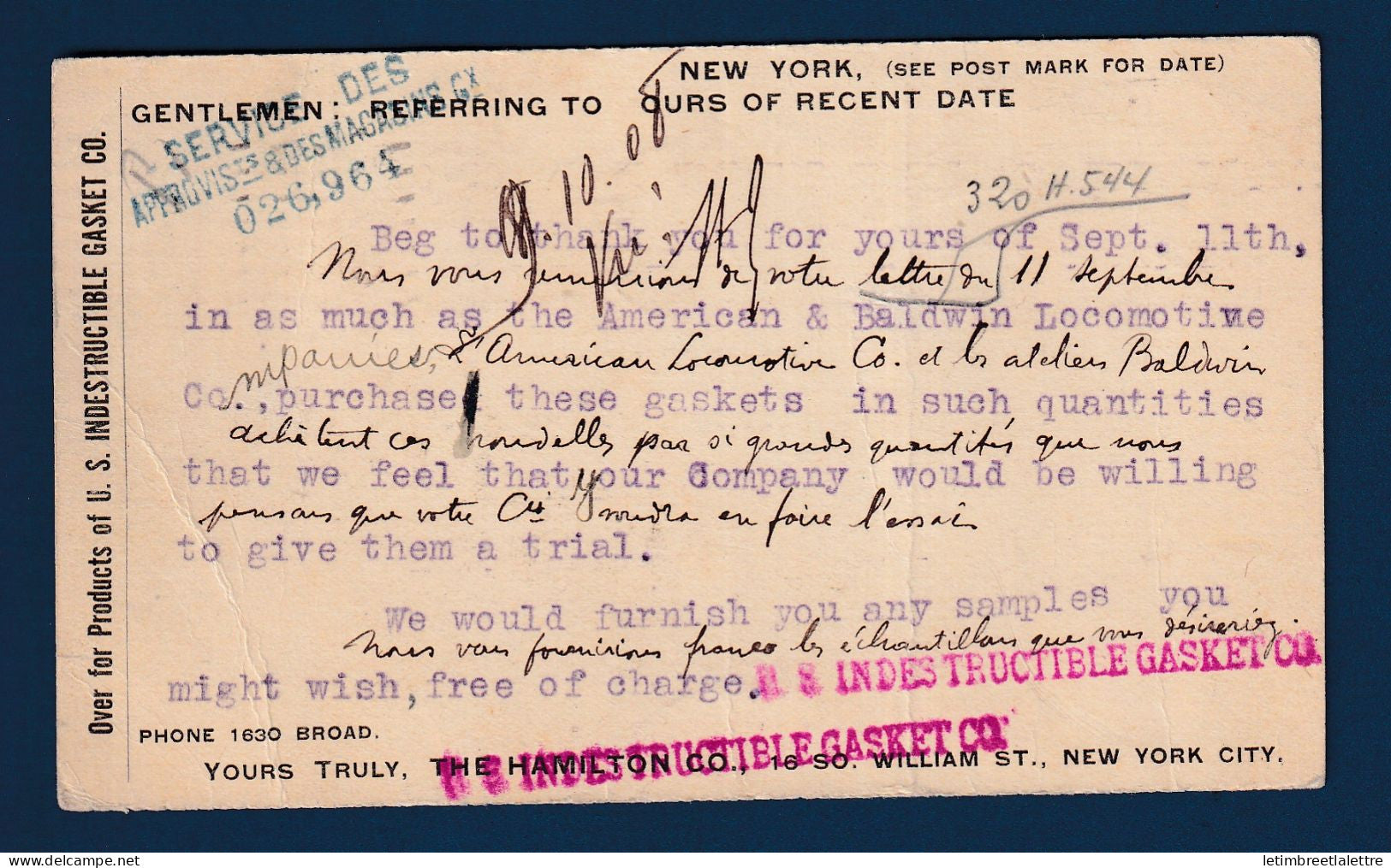 USA - Etats Unis - Entier postal - carte postale publicitaire Gasket - New York pour Paris - 1908