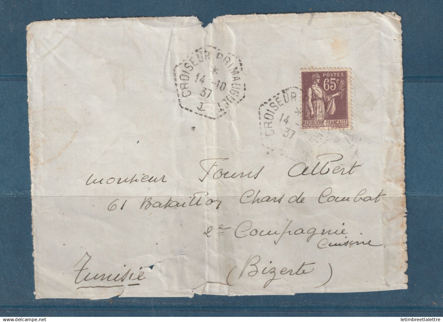France - devant de lettre du Croiseur Primauguet pour la Tunisie ( Bizerte ) - 1937