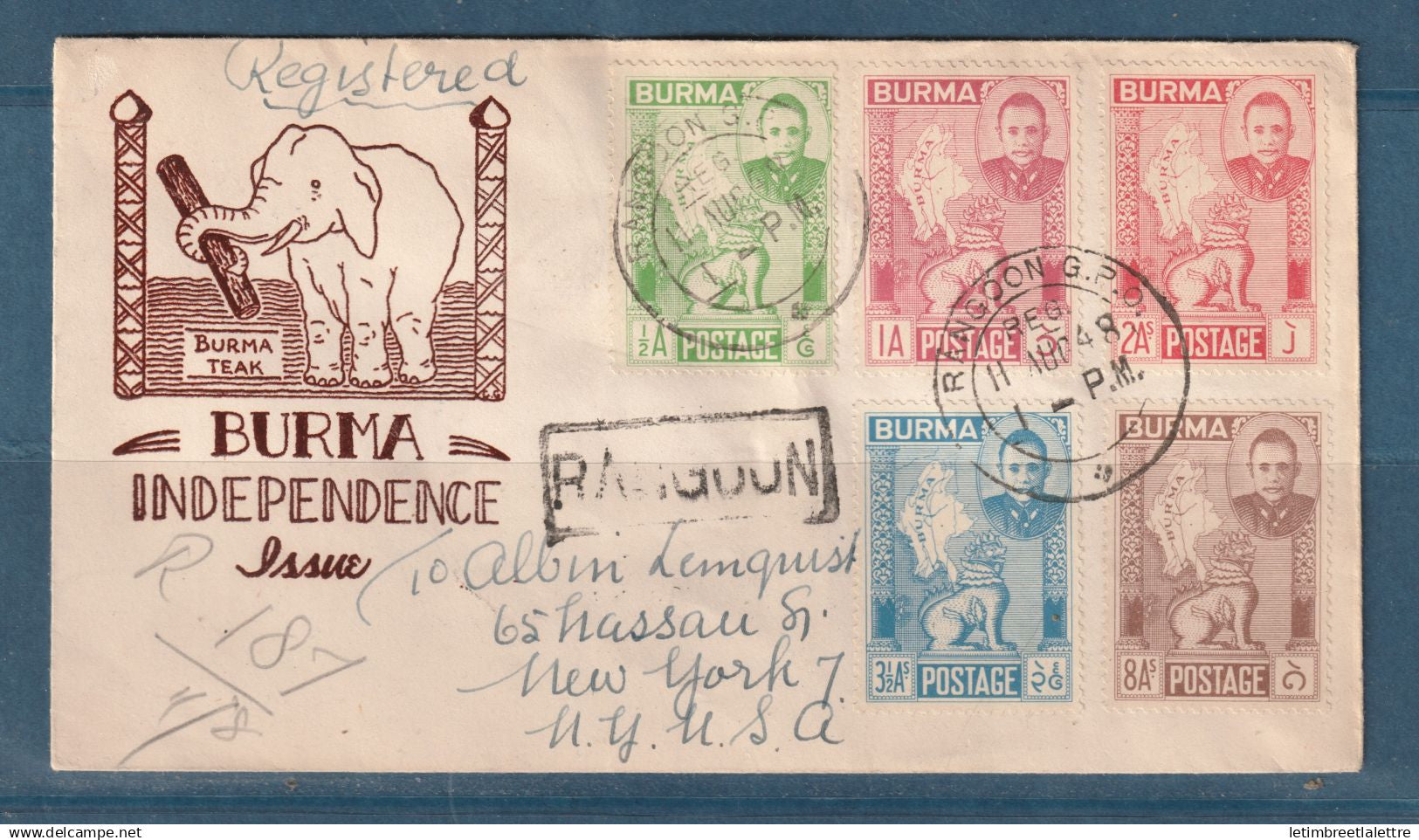 Myanmar - Birmanie - Burma - YT n° 16 à 20 - sur enveloppe éléphant pour New York USA - recommandé - 1948
