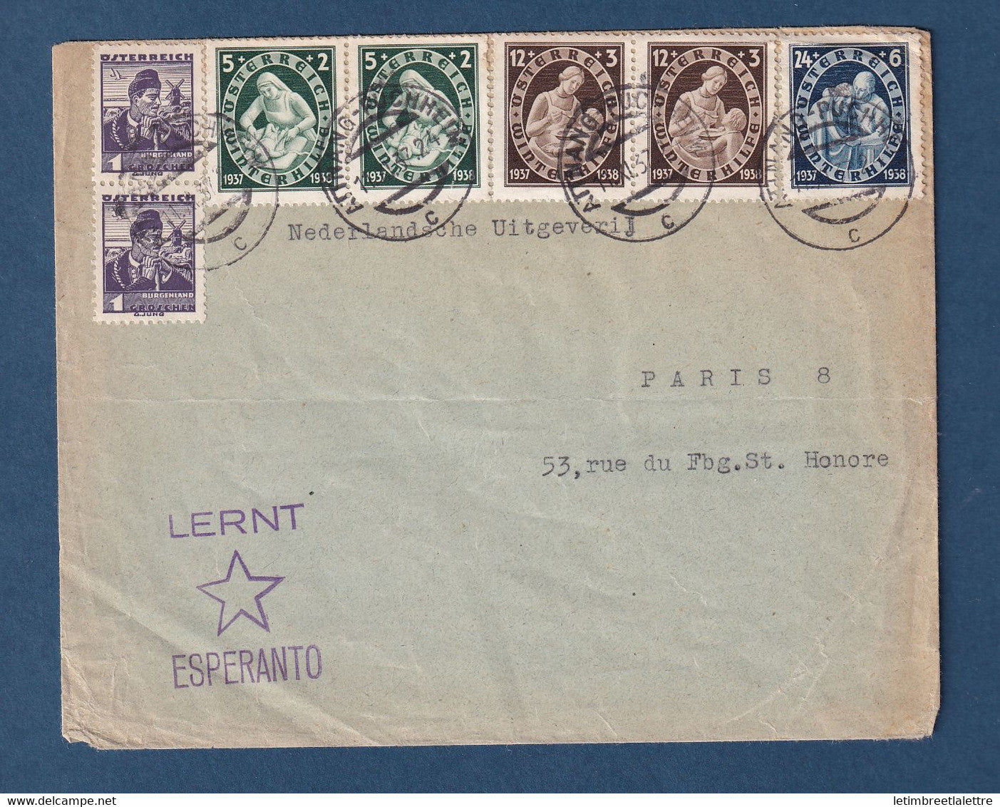 ⭐ Autriche - lettre avec griffe Lernt Esperanto - avec vignettes au dos ( érinnophilie )  - 1937 ⭐