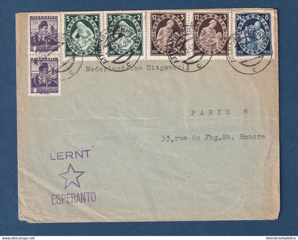 ⭐ Autriche - lettre avec griffe Lernt Esperanto - avec vignettes au dos ( érinnophilie )  - 1937 ⭐