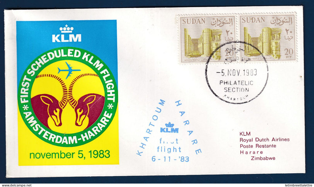Soudan - Premier vol Khartoum Harare - KLM - Poste aérienne - 1983
