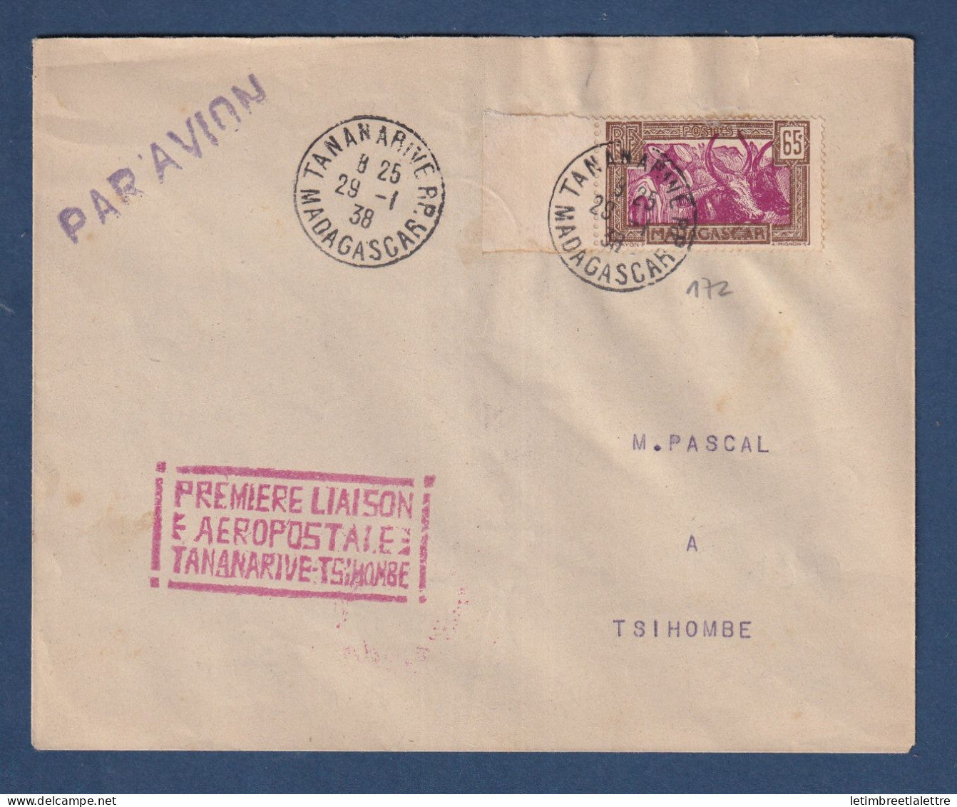 Madagascar - poste aérienne - première liaison aérienne Tananarive Tsihombe - 1938