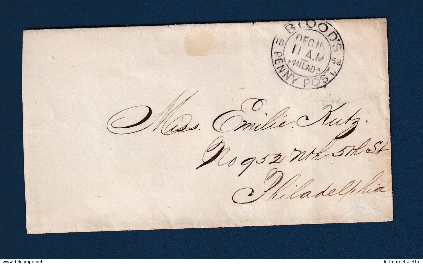 USA - Etats Unis - cachet Blood's Penny Post - Philadelphia - 15 Décembre 1858