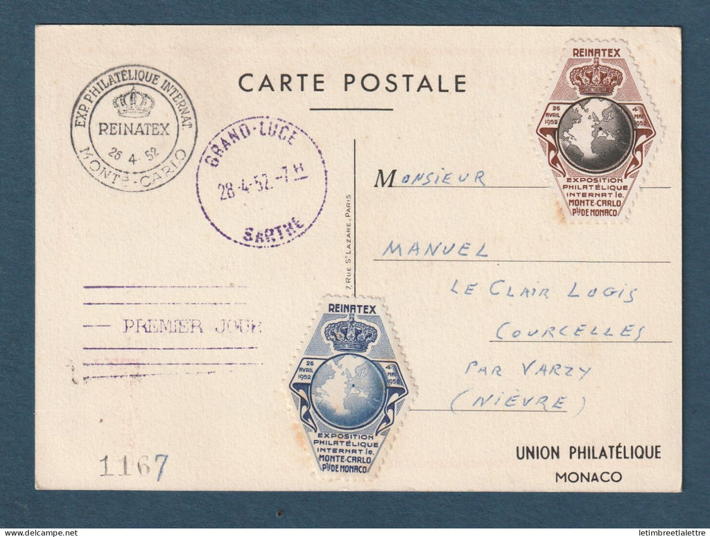 Monaco - Carte Maximum - Reinatex exposition philatélique - 1952