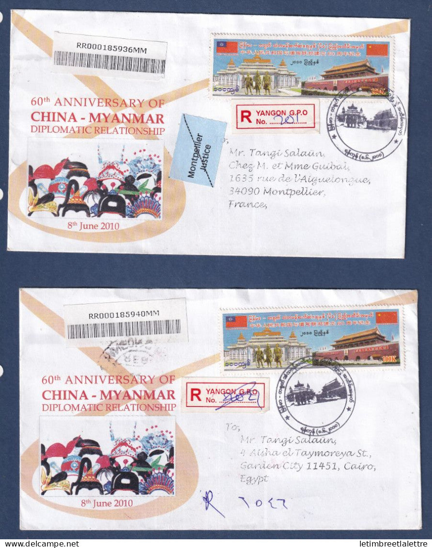 Myanmar - Birmanie - Burma - FDC premier jour diplomatie avec la Chine - pour l'Egypte et la France - 2010