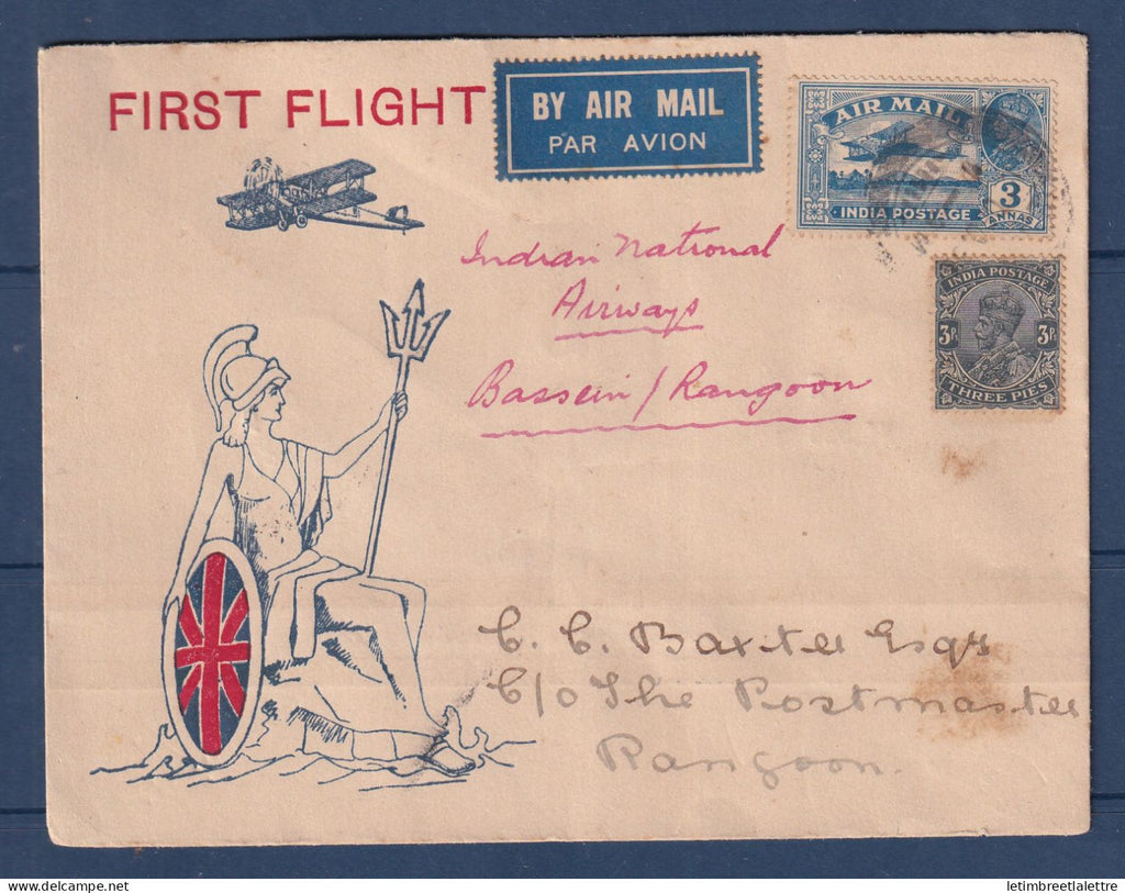 Birmanie Burma - Poste aérienne - premier vol Indian National Airways - Bassein Rangoon - 1933
