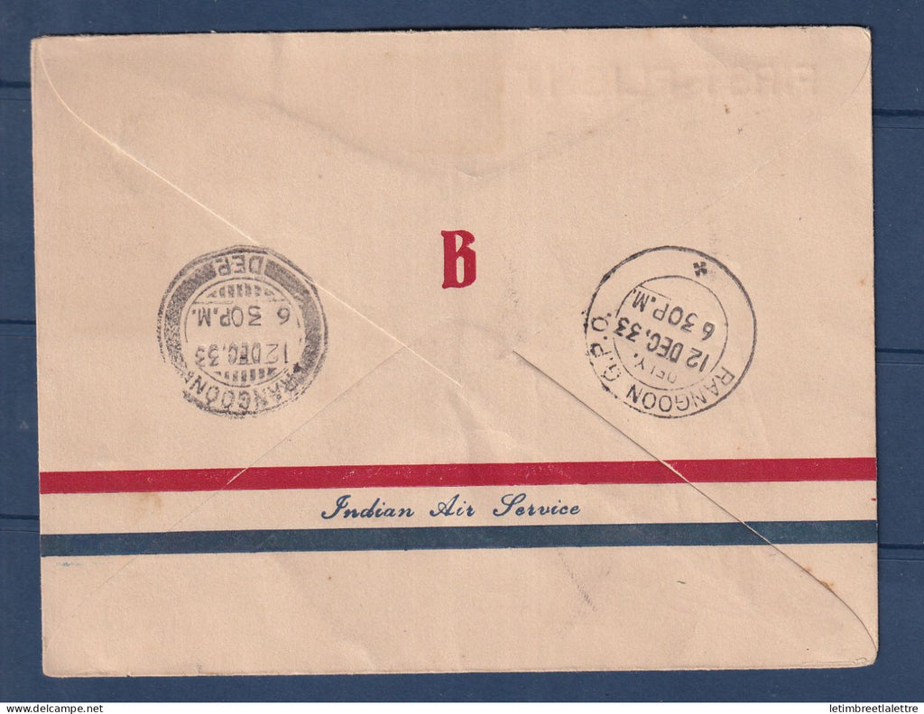 Birmanie Burma - Poste aérienne - premier vol Indian National Airways - Bassein Rangoon - 1933