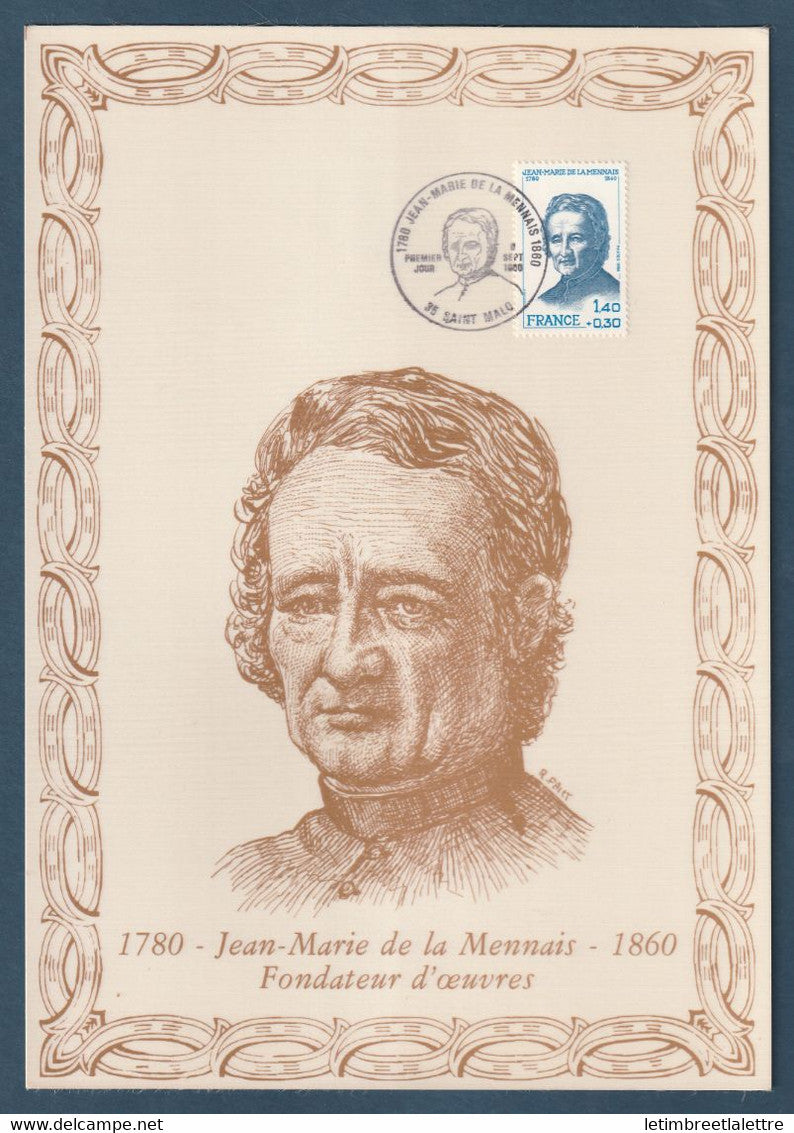 ⭐ France - Document Philatélique - Premier Jour - FDC soie - Jean Marie de la Mennais - Fondateur d'oeuvres - 1980 ⭐