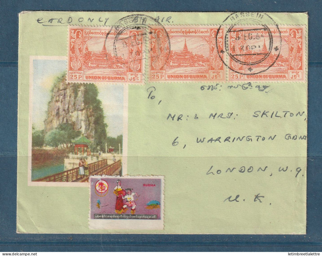 Myanmar - Birmanie - Burma - enveloppe par avion avec vignette - Bassein pour Londres
