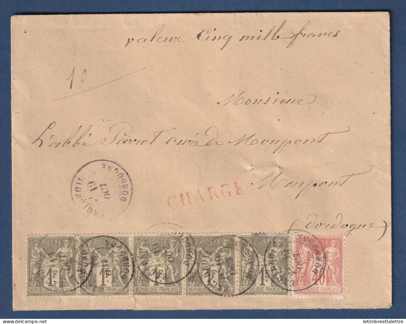 France - Type Sage YT n° 72 en bande de 5 - chargé de 5000 francs - Excideuil ( Dordogne ) - 1882
