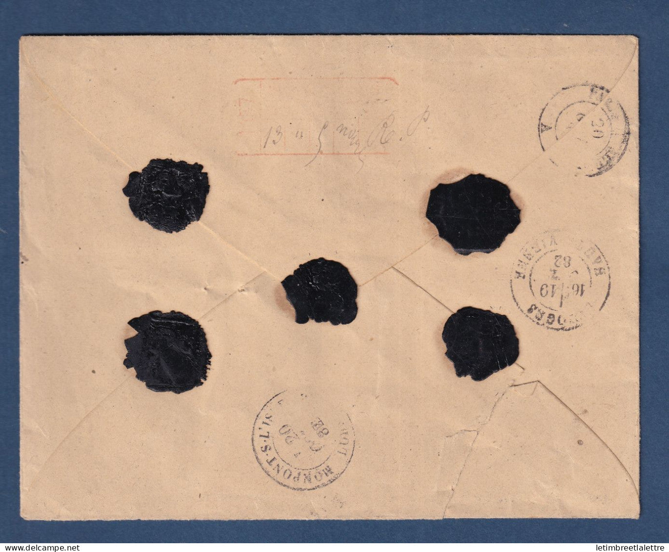 France - Type Sage YT n° 72 en bande de 5 - chargé de 5000 francs - Excideuil ( Dordogne ) - 1882
