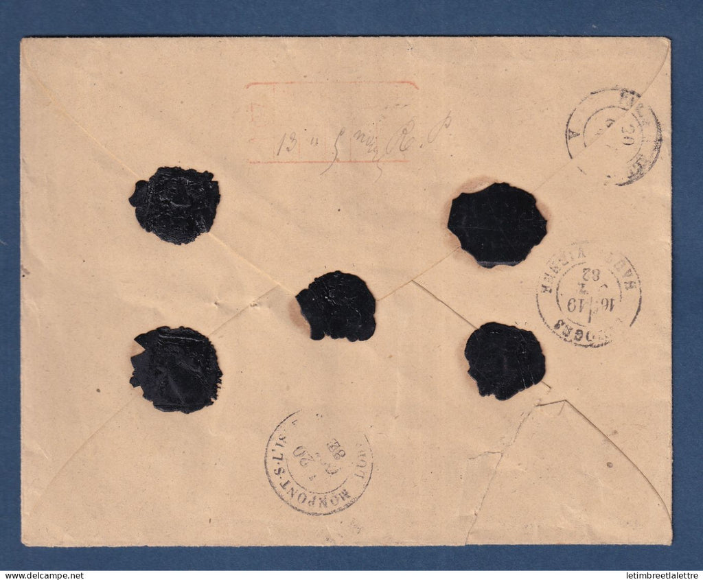 France - Type Sage YT n° 72 en bande de 5 - chargé de 5000 francs - Excideuil ( Dordogne ) - 1882