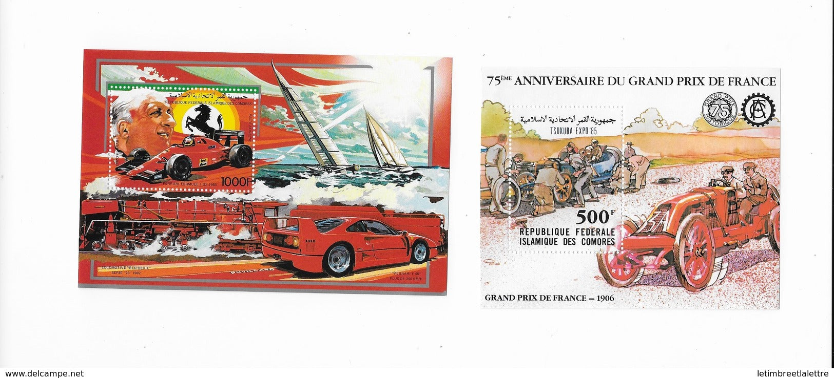 Bloc feuillets  Comores Ferrari-grand prix de France TSUKUBA EXPO 85