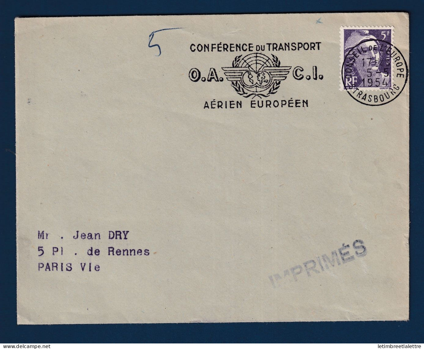 France - n° 883 oblitéré flamme Conférence du Transport Aérien Européen sur imprimé - 1954