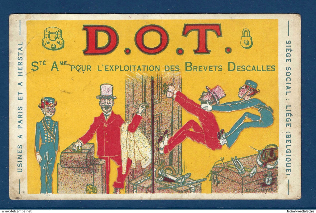 Belgique - Carte postale publicitaire illustrée - serrures Cadenas - D.O.T exploitation des Brevets Descalles - 1920