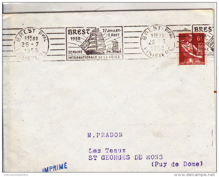 RBV, Brest semaine internatioale de la voile 27.07 au 2.08 1958 oblitération mécanique