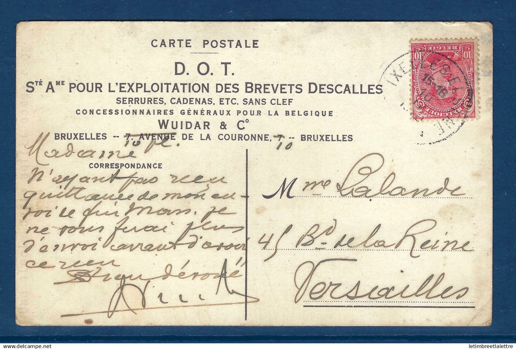 Belgique - Carte postale publicitaire illustrée - serrures Cadenas - D.O.T exploitation des Brevets Descalles - 1920