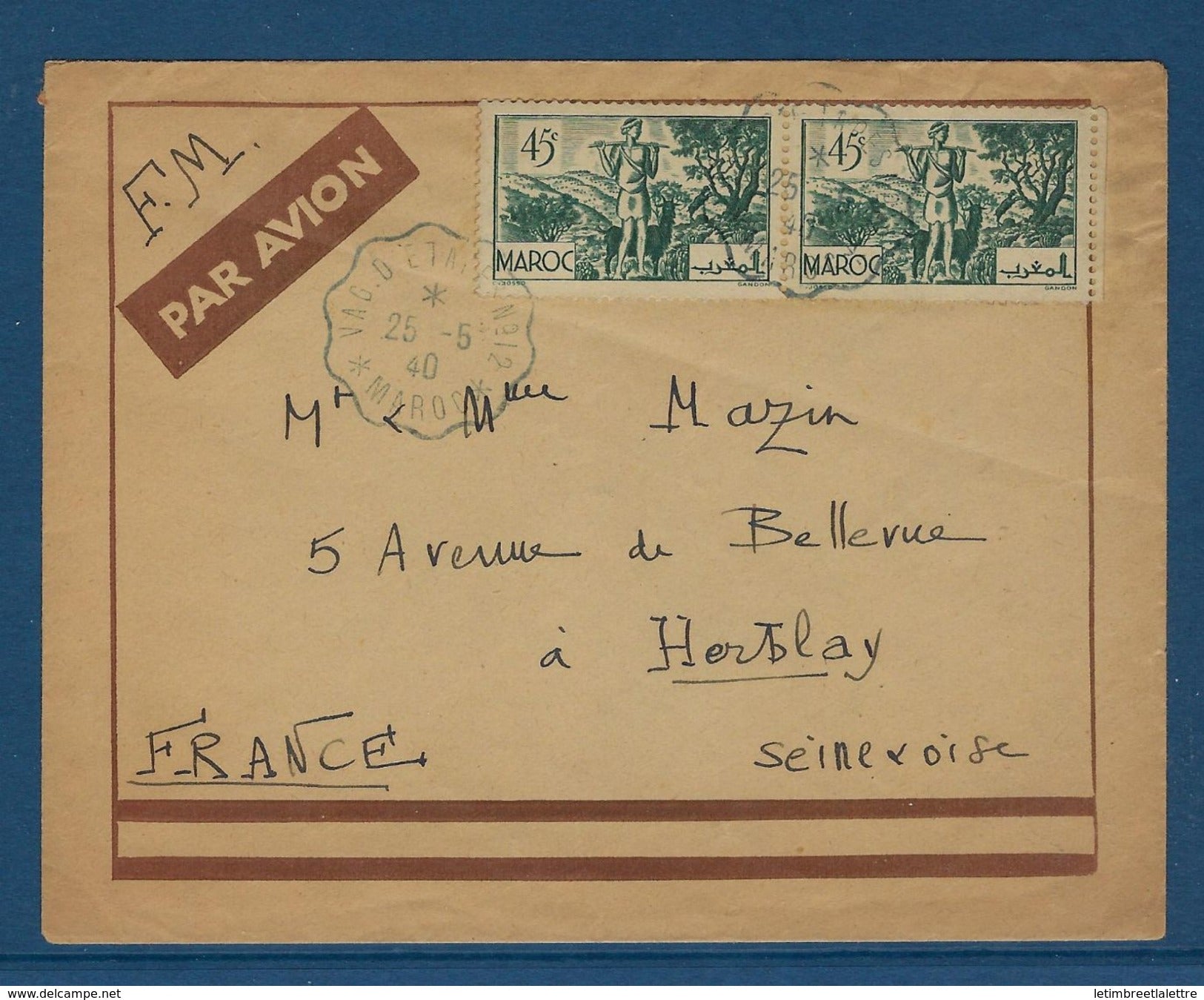 ⭐ Maroc - Poste Aérienne - Vaguemestre d'étape en 1940 - sur lettre en FM ⭐