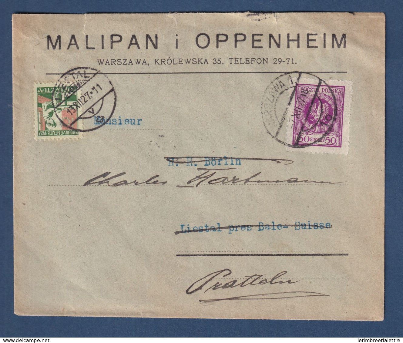 Suisse - Affranchissement mixte pour cause de réexpédition - bonne combinaison - 1927