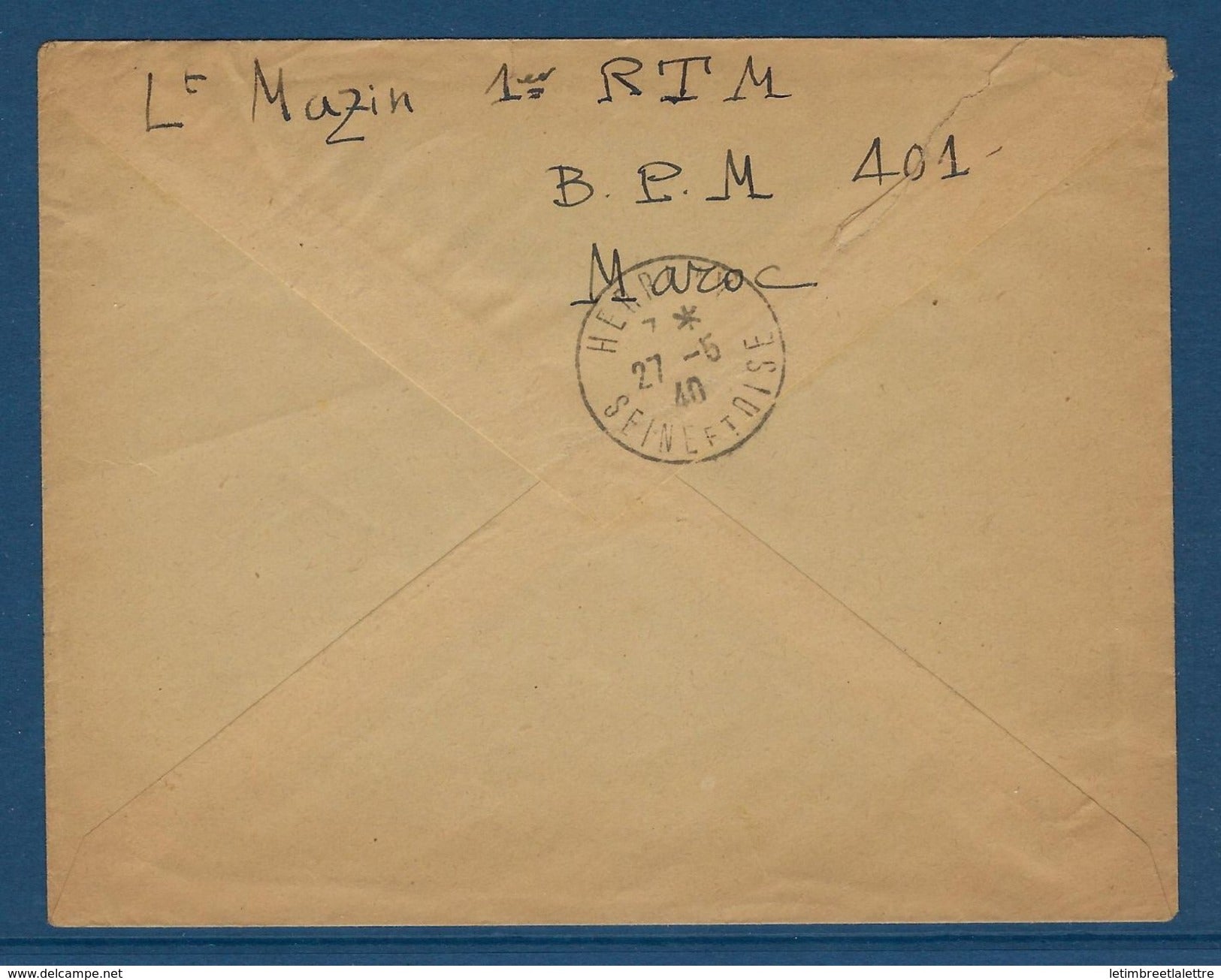 ⭐ Maroc - Poste Aérienne - Vaguemestre d'étape en 1940 - sur lettre en FM ⭐