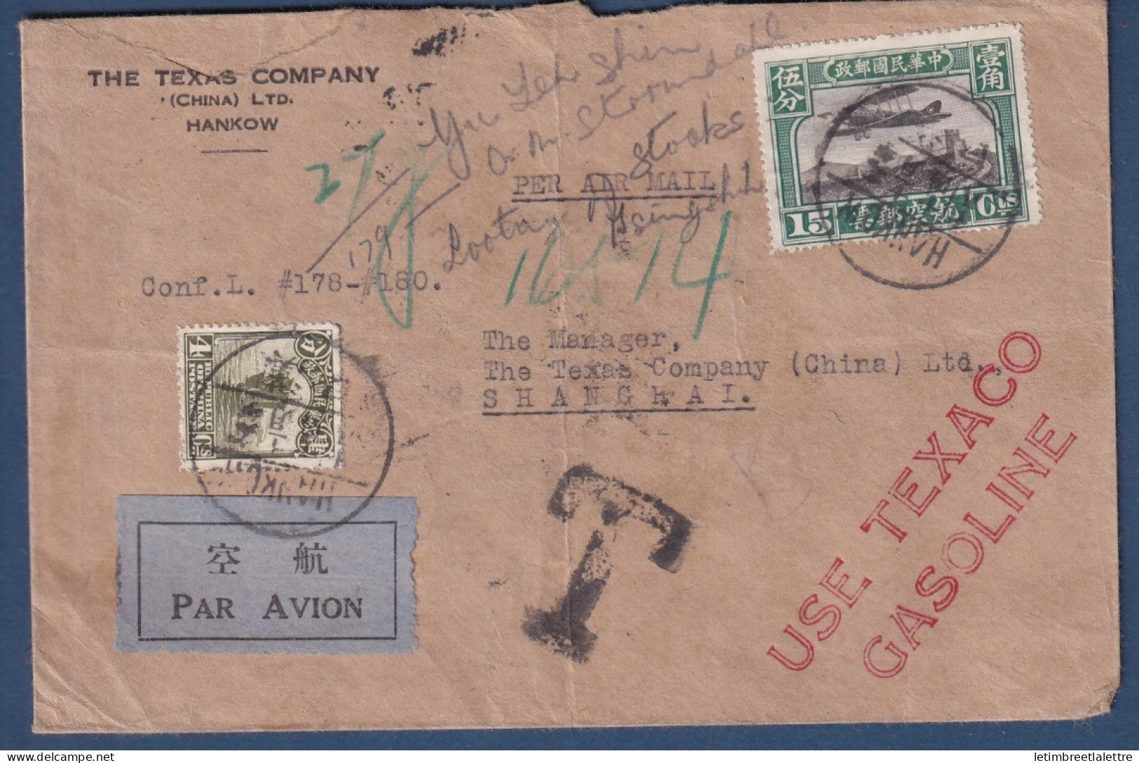 Lettre de Chine - Hankow pour Shanghai par avion avec griffe Use Texaco Gasoline