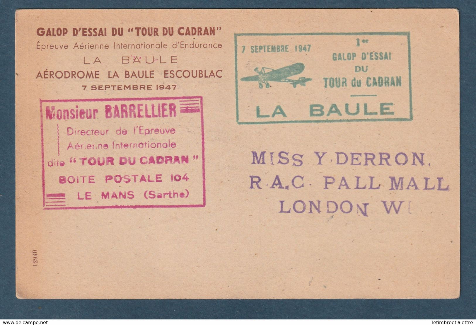 ⭐ France - Premier essai du Tour du Cadran - La Baule - boite postale 104 Le Mans - 7 Septembre 1947 ⭐