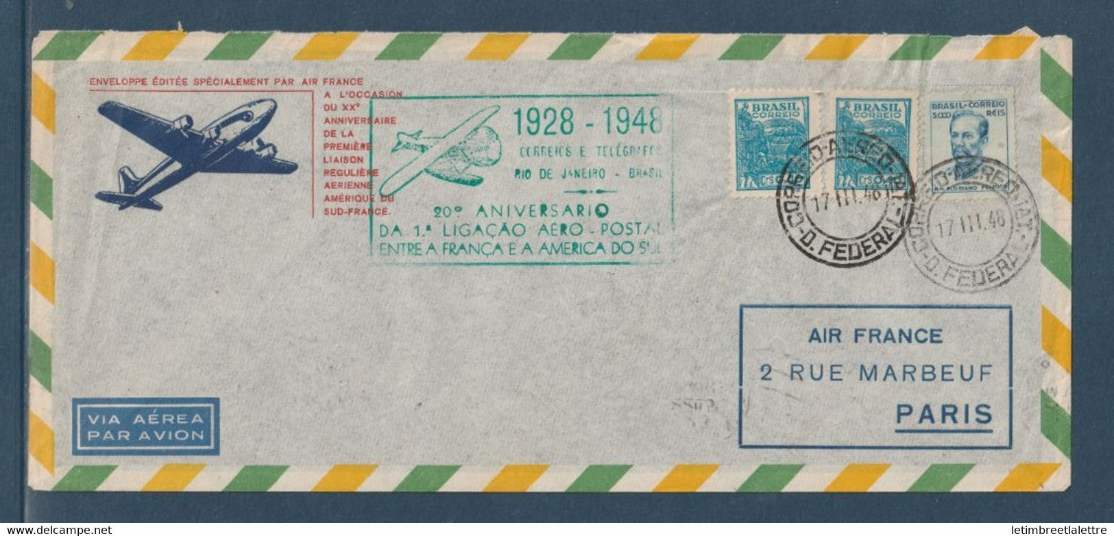 ⭐ Brésil - 20ème anniversaire de la  Première liaison régulière aérienne Amérique du Sud France - 1928 / 1948 ⭐