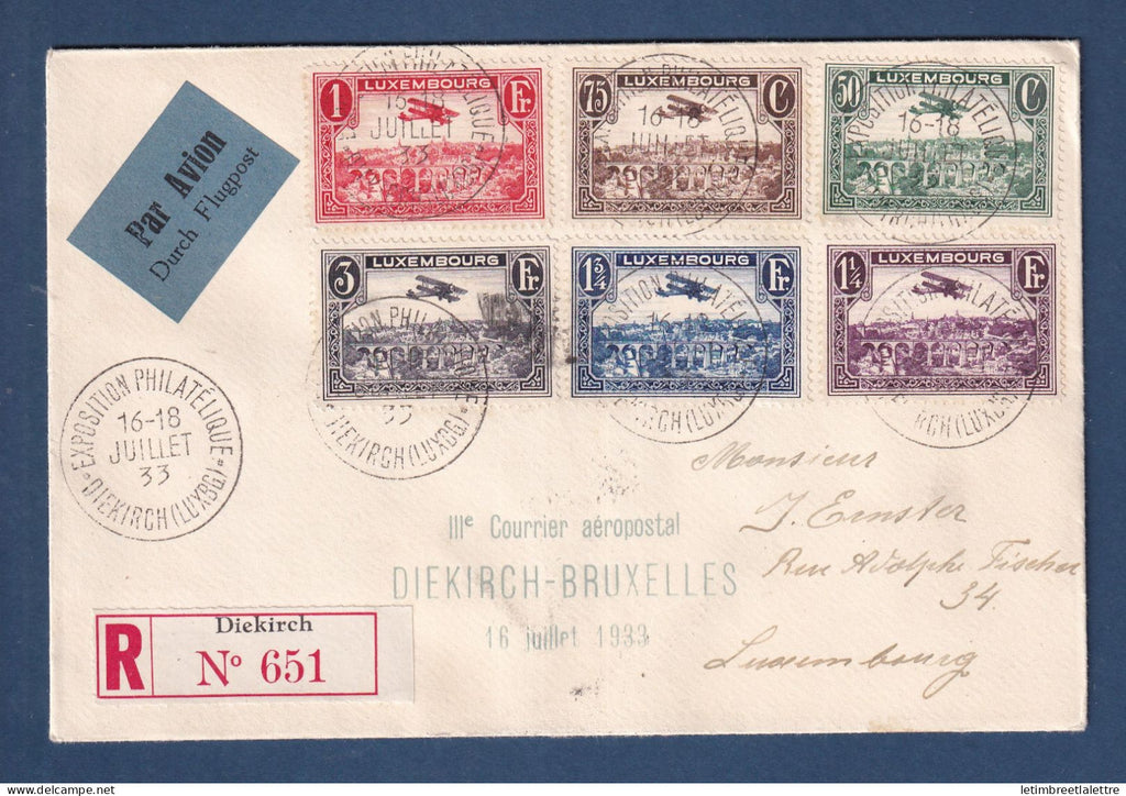 Luxembourg - Troisième courrier aéropostal Diekirch Bruxelles - 16 Juillet 1933 avec vignette au verso