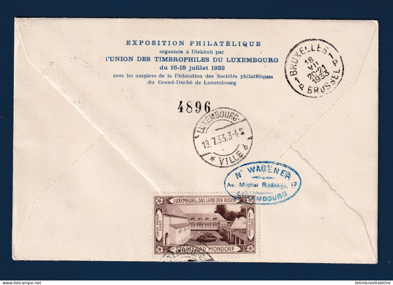 Luxembourg - Troisième courrier aéropostal Diekirch Bruxelles - 16 Juillet 1933 avec vignette au verso