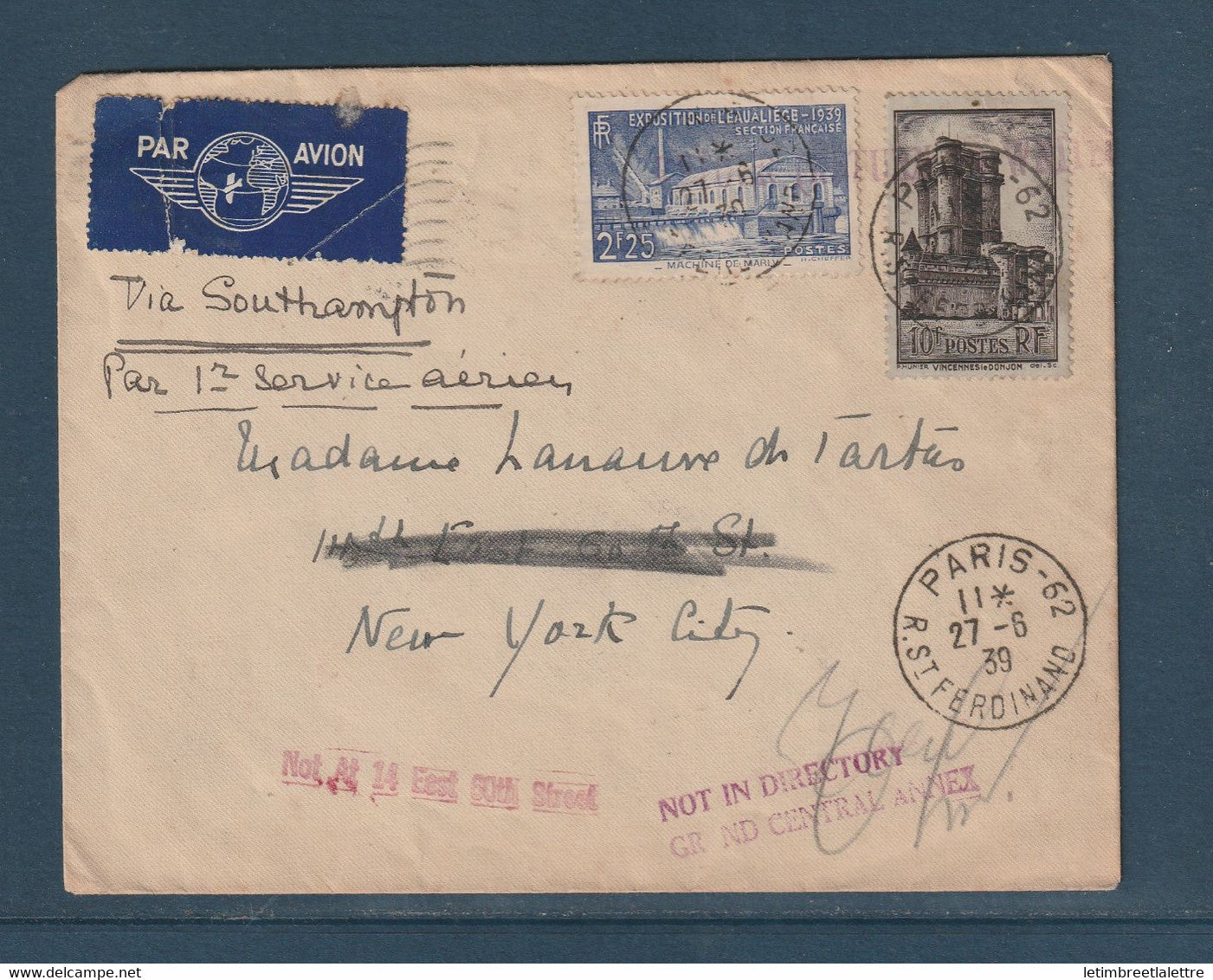 France - Premier vol pour New York en 1939 retour à l'envoyeur - Juin 1939