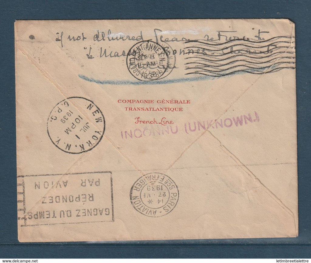 France - Premier vol pour New York en 1939 retour à l'envoyeur - Juin 1939