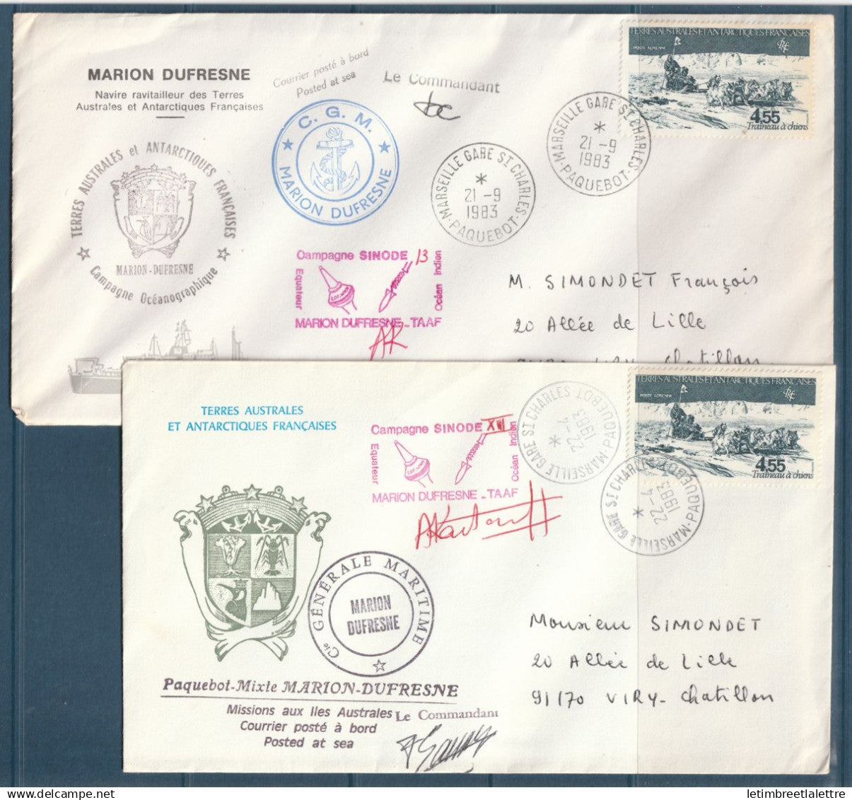 TAAF - Marion Dufresne - Courrier posté à bord du Paquebot - signé - lot de 2 enveloppes - 1983