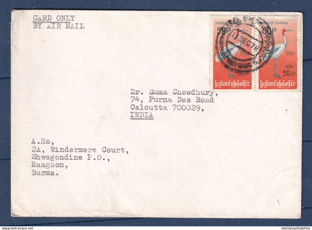Myanmar - Birmanie - Enveloppe par avion - pour l'Inde - Calcutta - 1978