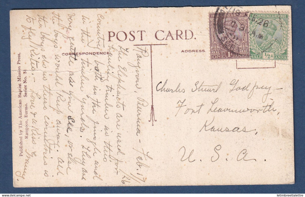 Birmanie - Burma - avec Inde YT n° 76 et 78 sur carte postale pour les Usa - éléphant - 1906