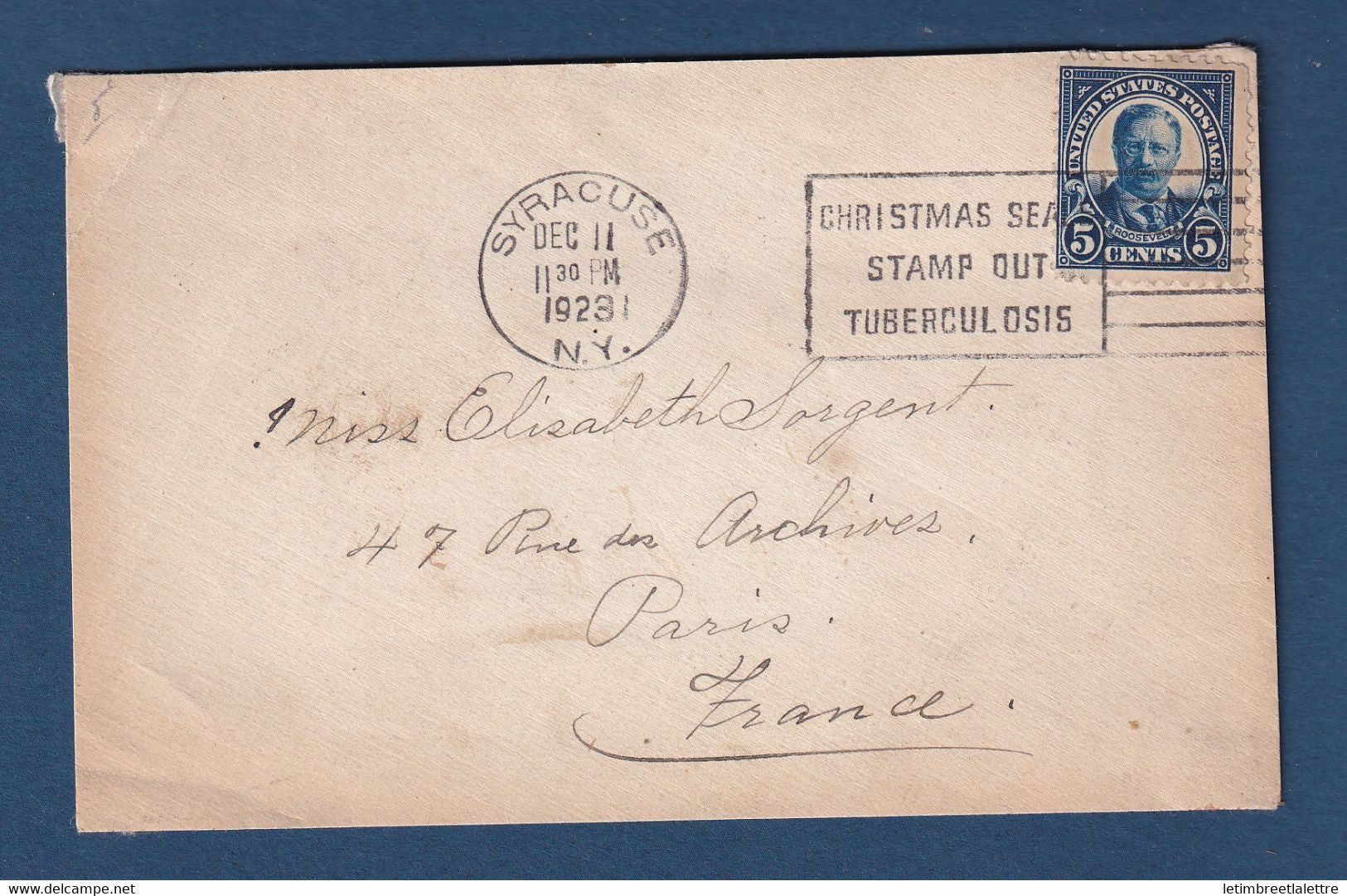 ⭐ USA - Flamme tuberculose - de Syracuse pour la France - 1923 ⭐
