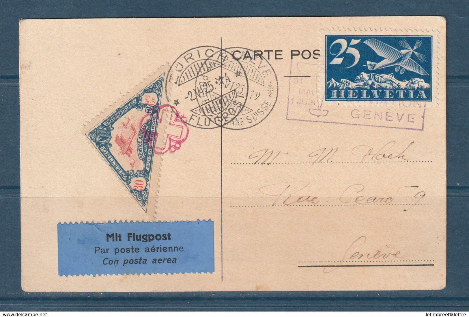 ⭐ Suisse - Aérogramme - Premier vol - Meeting international Genève vignette spatiale sur carte postale Cointrin - 1925 ⭐