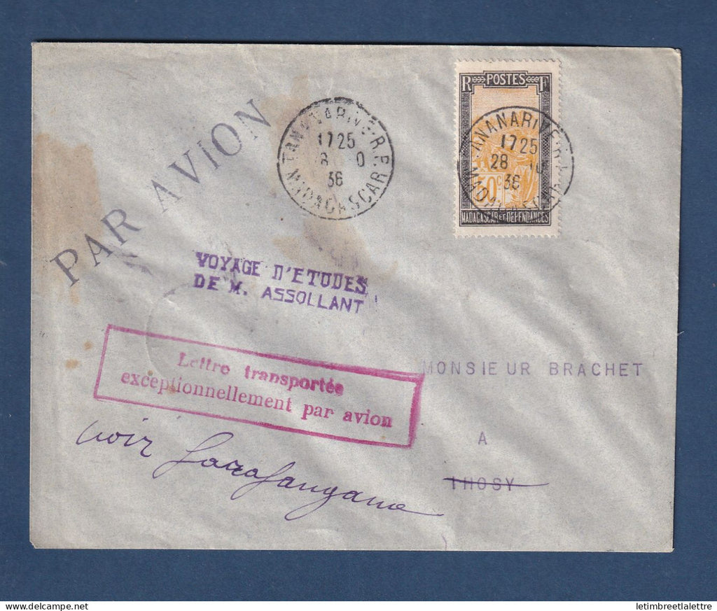 Madagascar - voyage d'études Assolant - lettre transportée par avion pour Farafangana - 1936