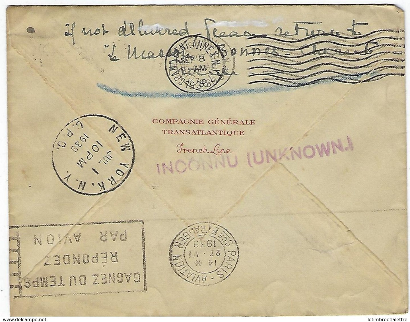 Premier vol pour New York en 1939 retour à l'envoyeur
